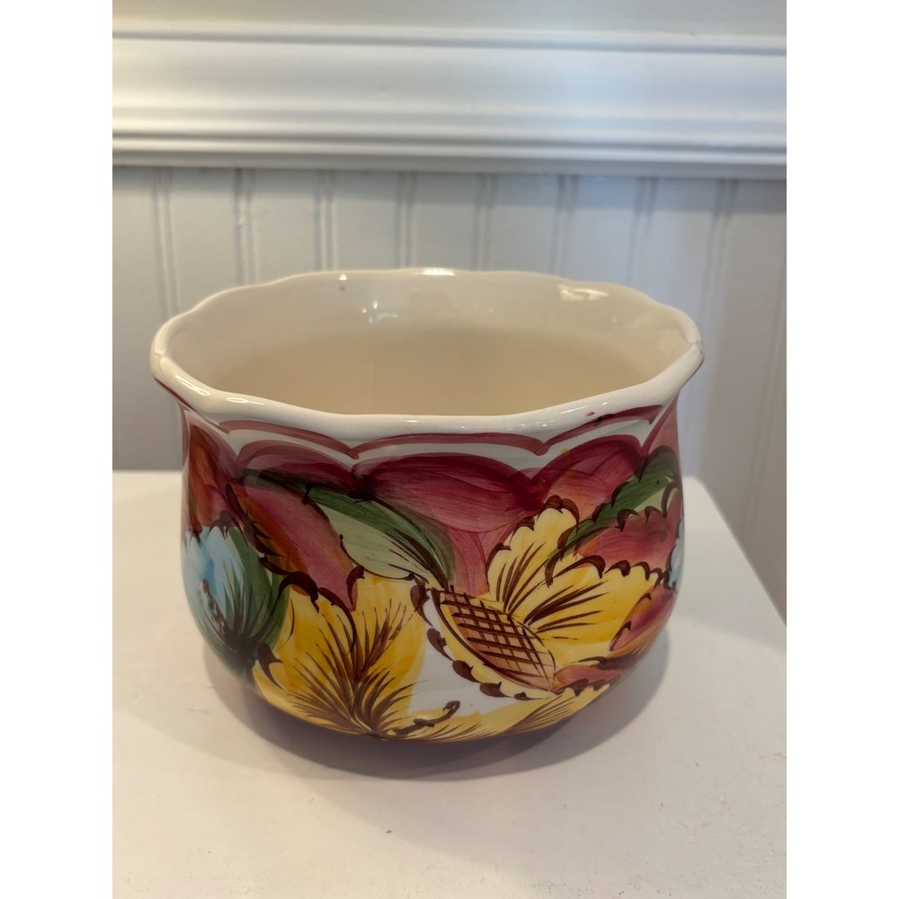 Vintage Hand Painted Portugal Ceramic Floral Planter Pot Scalloped Rim 5x7 Inch